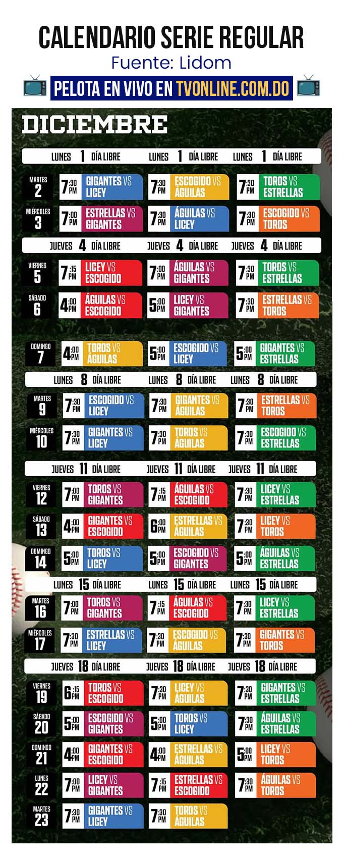 Calendario Pelota Invernal Dominicana 2025-2026 4 Calendario Lidom Diciembre