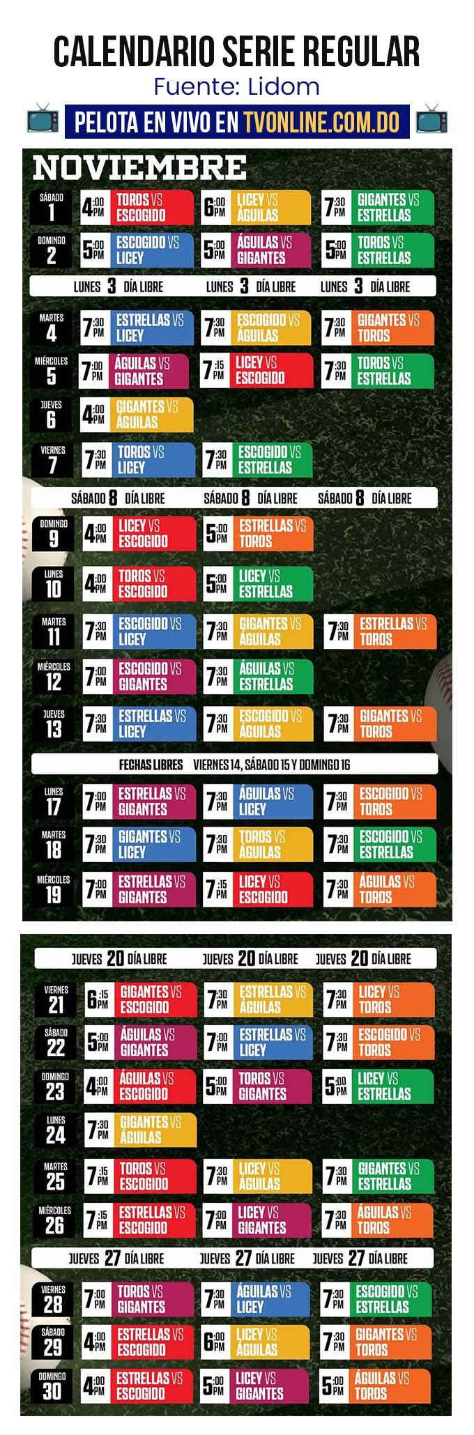 Calendario Pelota Invernal Dominicana 2025-2026 3 Calendario Lidom pelota invernal - noviembre