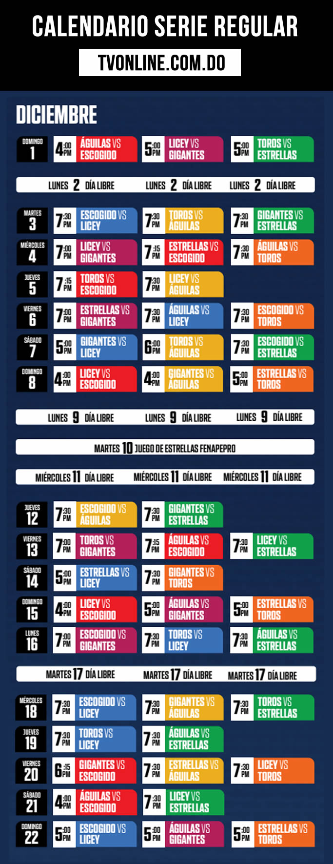 Calendario Pelota Invernal Dominicana Lidom 2024-2005, Diciembre